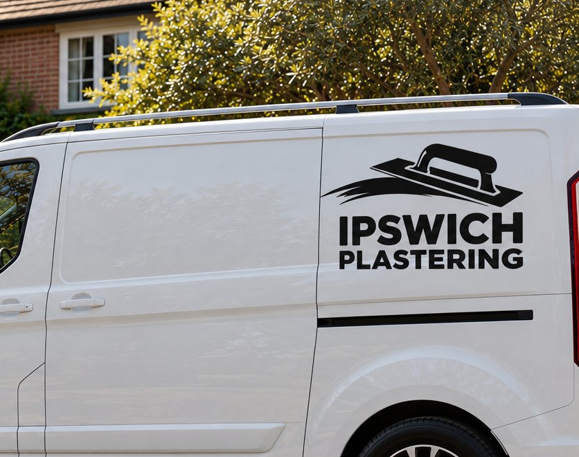 Ipswich Plastering van parked on a gravel drive outside a red brick home